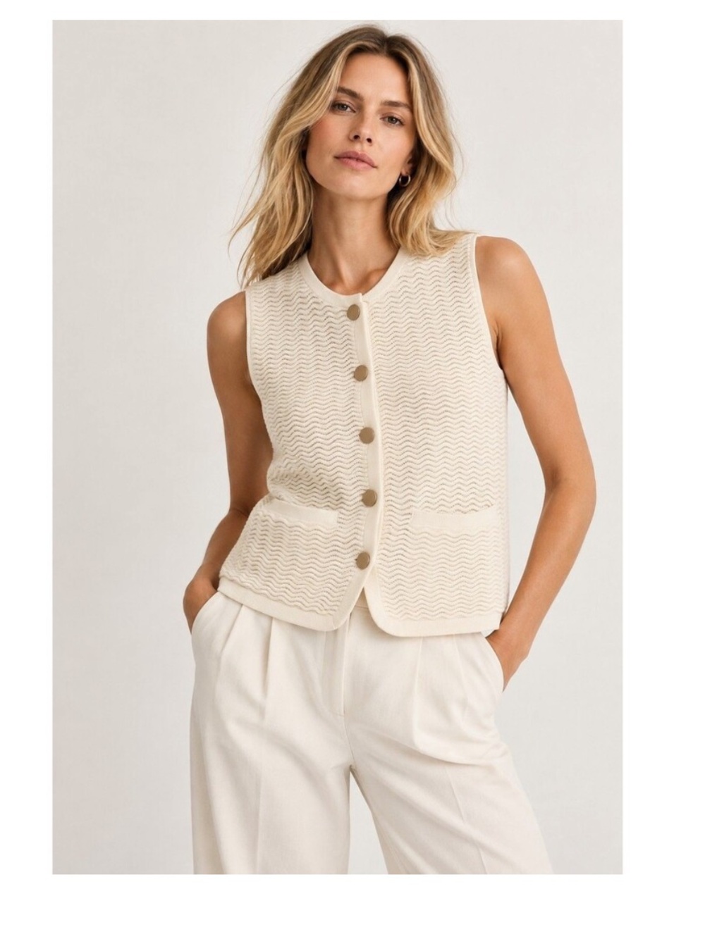 Rag & Bone Cream Textured Knit Gold Button Vest NEW
